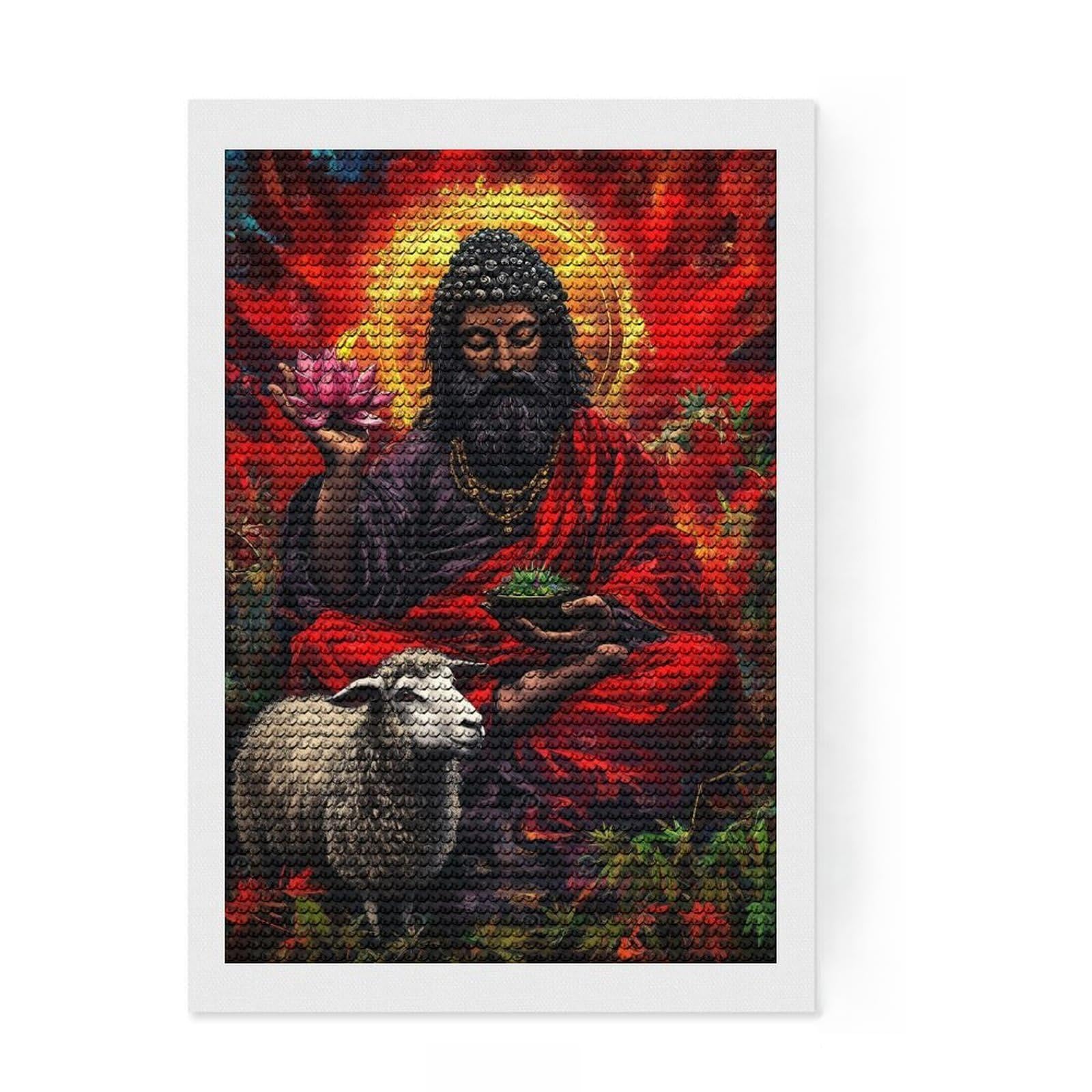 Junmoney Spiritual Figure with Lotus and Sheep Round Drill Diamond Painting 8"x12", Cute Room Decor, Relaxing DIY, with Tool Kit, Thoughtful Present