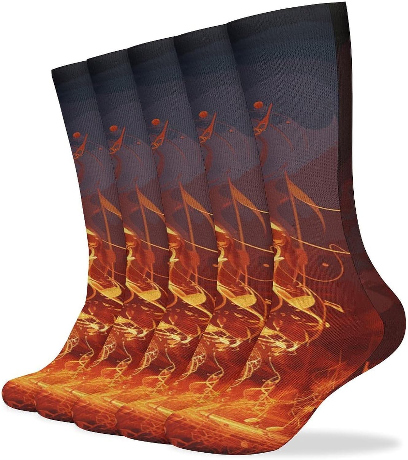 5-Pack Knee High Socks, 15.7 Inch Breathable Casual Socks Red Flame Music Note Stockings for Men Women