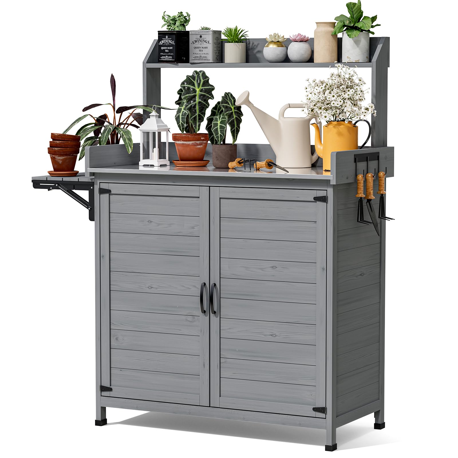 Potting Bench Table for Outside with Storage Cabinet, Solid Wood Garden Table for Outdoors with Metal Tabletop, Work Bench with Shelves for Planting, Gardening (Gray)