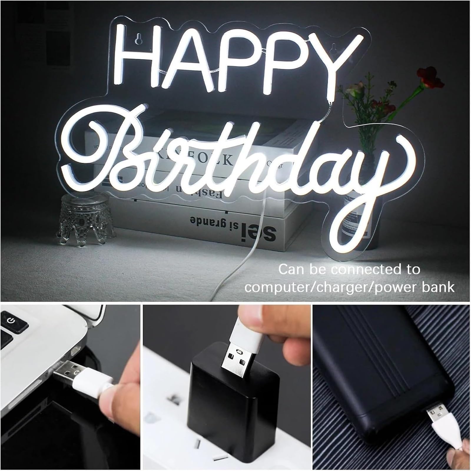 Lettere colorate per illuminazione interna, insegna al neon di buon compleanno, luci da parete per interni