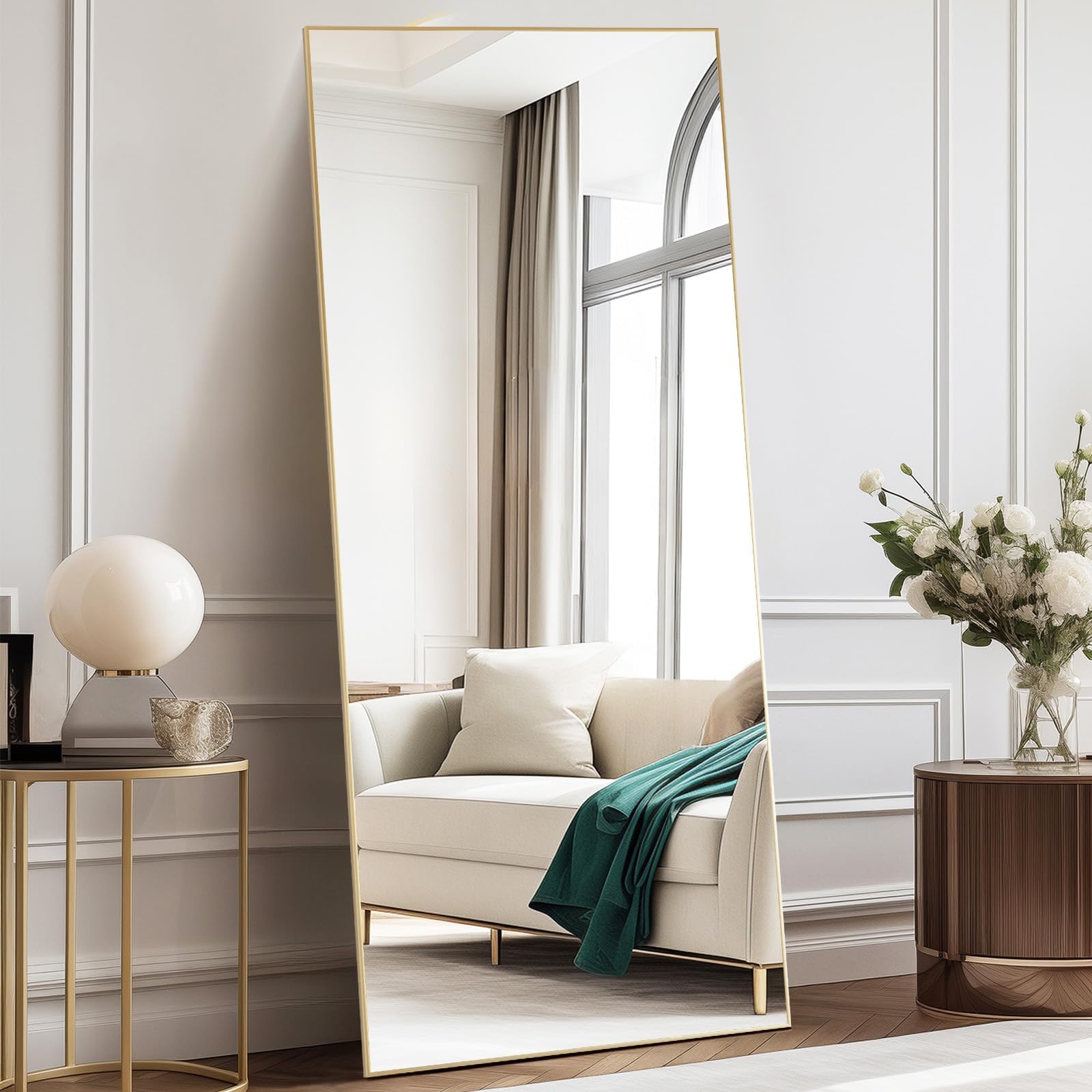 DUMOS Full Length Mirror with Stand 70.4"x25.6" Floor Standing Aluminum Frame for Bedroom Body Hanging Leaning Modern Simple Home Decor Shatter-proorf Nano Glass Wall Living Room Cloakroom Gold