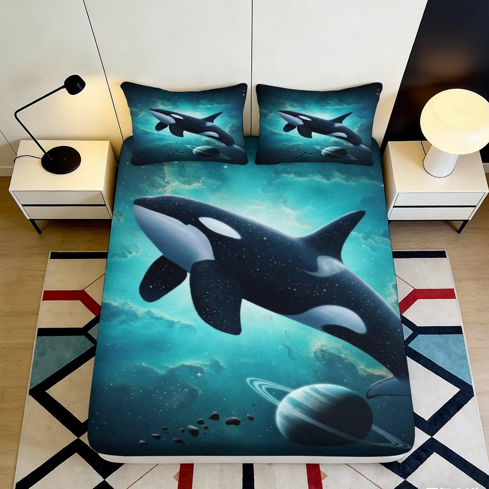 3D Printed Ocean Orca Fitted Sheet Microfiber Soft Anti-Slip Bedroom Decor Whale Planet Mattress Cover Easy Care 90x200x25cm