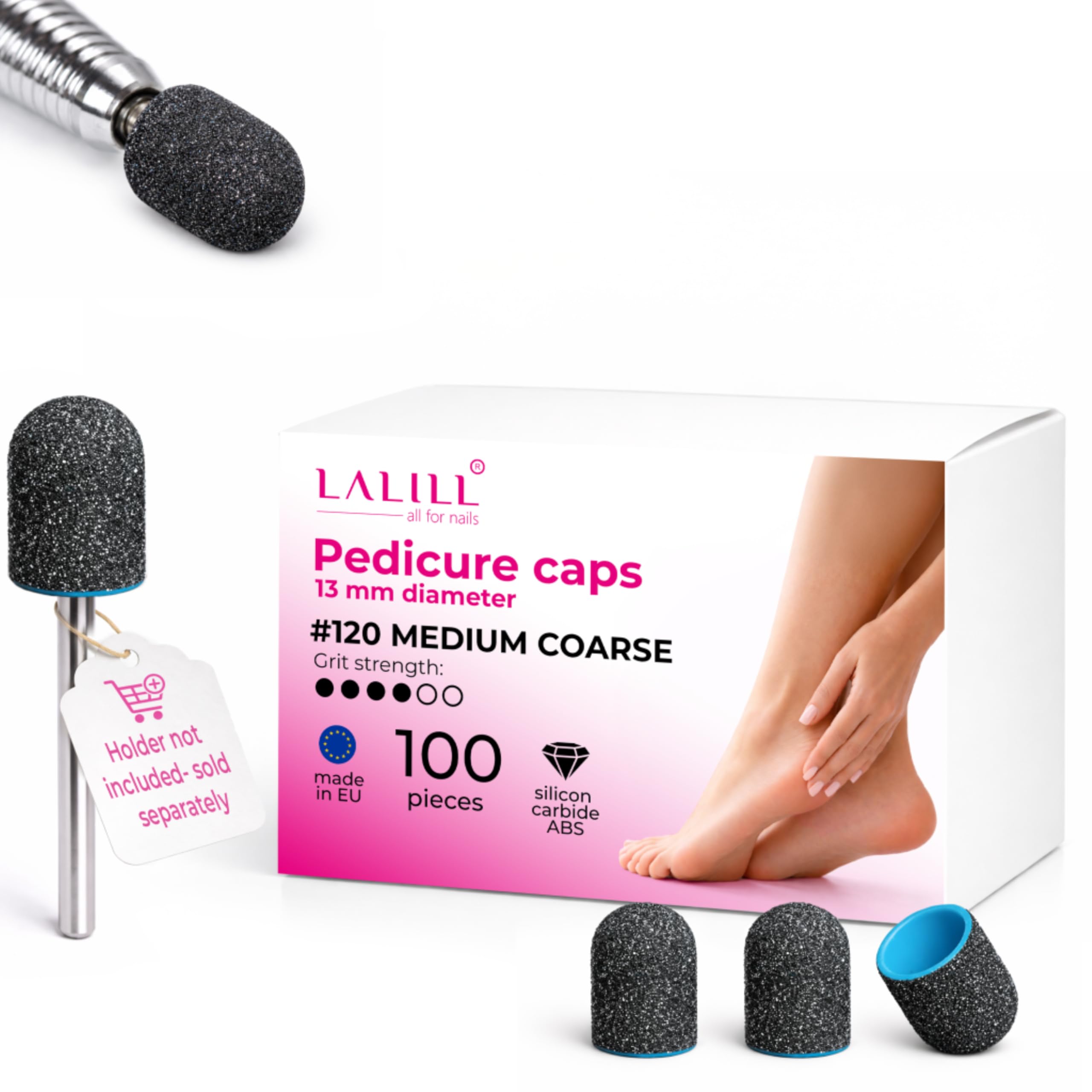 LALILL Sanding Caps LUX Pack of 100 - Graphite Milling Caps for Nail Cutters - Manicure, Pedicure & Podiatry - Attachments for Foot Care, Callus Removal, Nail Modeling, 13 mm 120 Grit