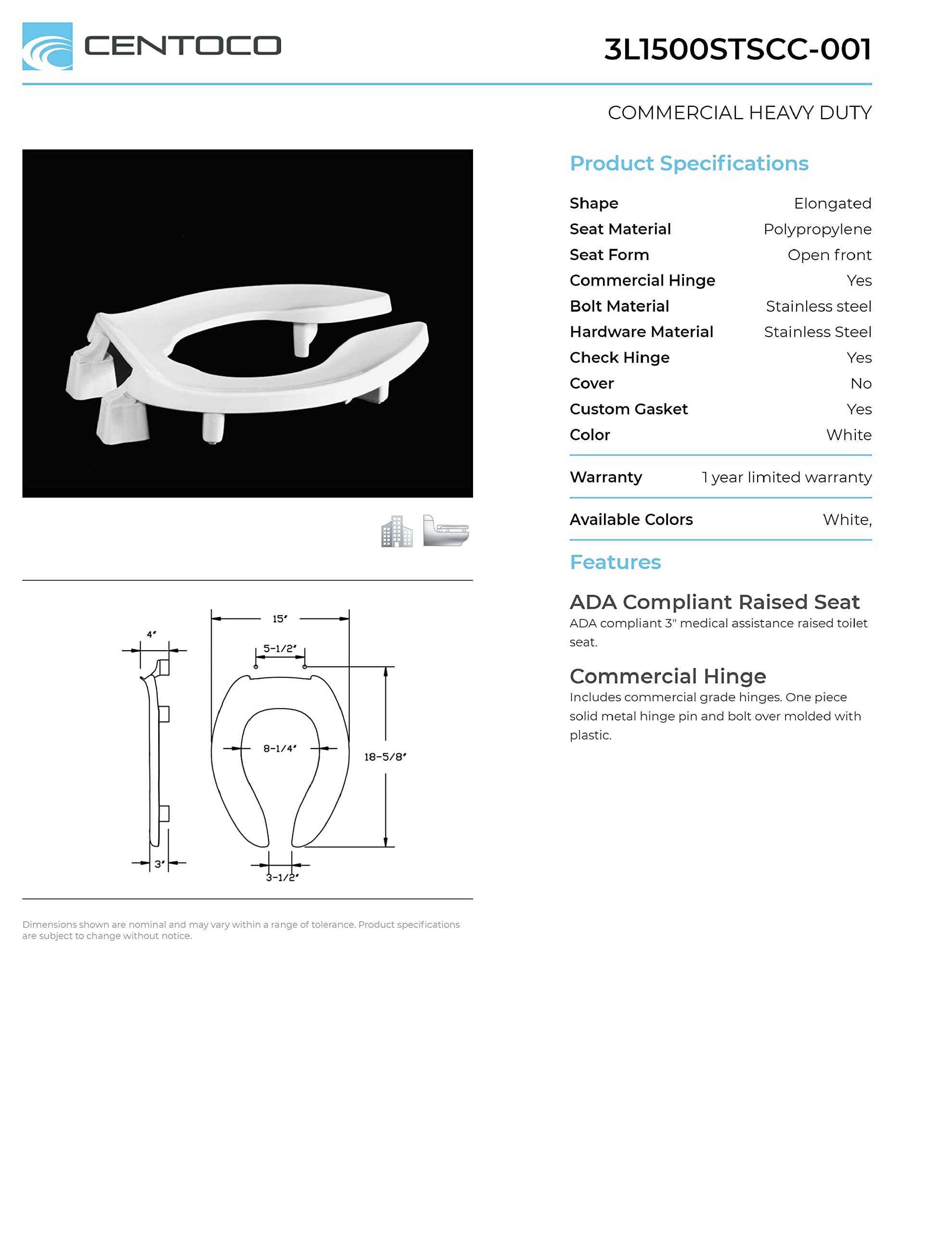 Centoco, Sedile per WC allungato in plastica senza copertura, conforme ADA, per sollevamento handicap e assistenza medica, extra resistente, modello 1500, 3" Lift, Bianco sporco, 1