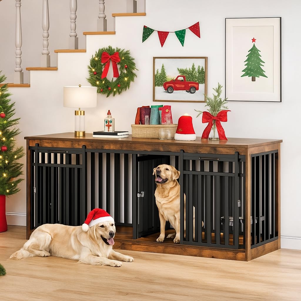 View 1 of ** sold as is no refund/return** DWVO 71" Double Dog Crate Furniture for 2 Medium Dogs, Heavy Duty Wood Dual Dog Kennel TV Stand with Sliding Doors, Decorative Wooden 2 Dog Cage Table with Dog Bowls for Extra Large Dogs Rustic Brown