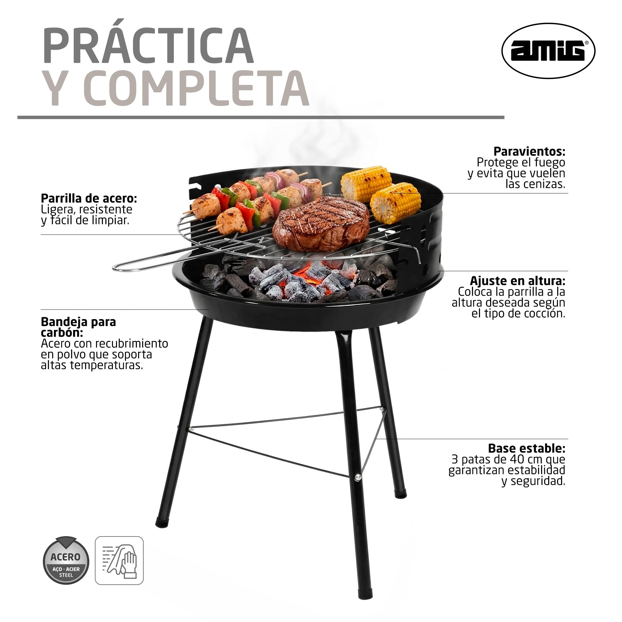 Amig - Barbacoa de carbón - 33 x 35 x 56 cm - Negro - Fabricado en Acero - Jardín y patio - para terraza y balcón con tamaño ajustado a espacios pequeños uso práctico y mantenimiento fácil. Mod. AZKAR
