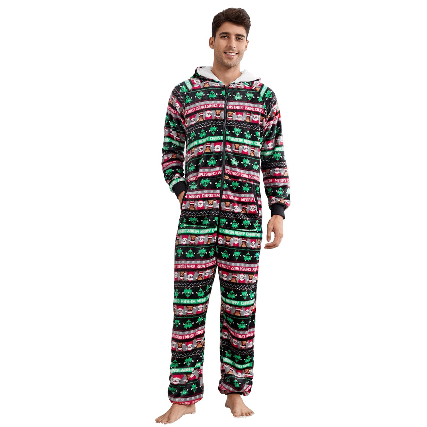 Pijama Navidad Una Pieza Hombre Franela Pijamas Mono Entero con Capucha Manga Larga Invierno Calentito Jumpsuit Adulto Onesie Ropa de Casa Dormir Negro Verde Rojo S