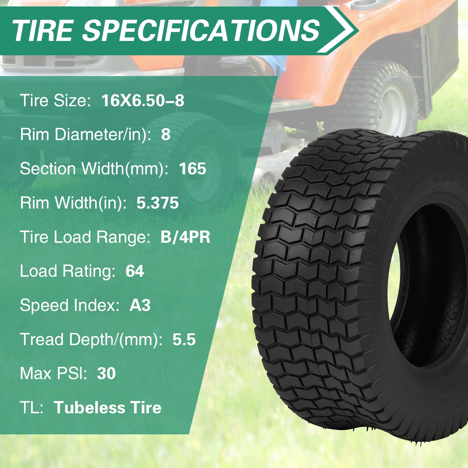 16x6.50-8 Lawn Tractor Tires Replacement - 4PR Tubeless Durable, with Deep Ribbed Treads, Rim Not Included(2-Pack) - 4