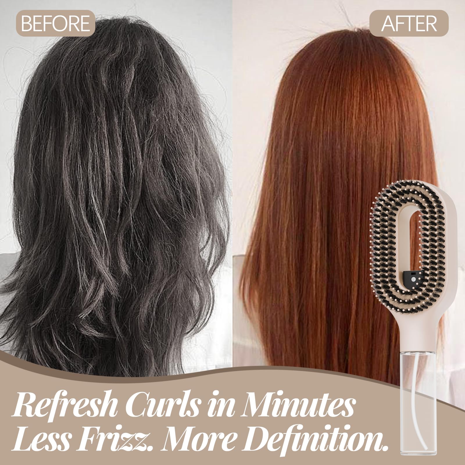 Curl Refresh - Cepillo desenredante con spray de niebla fina, antirotura y control del encrespamiento para cabello rizado, peinado húmedo o seco, apto para viajes (1, caqui)