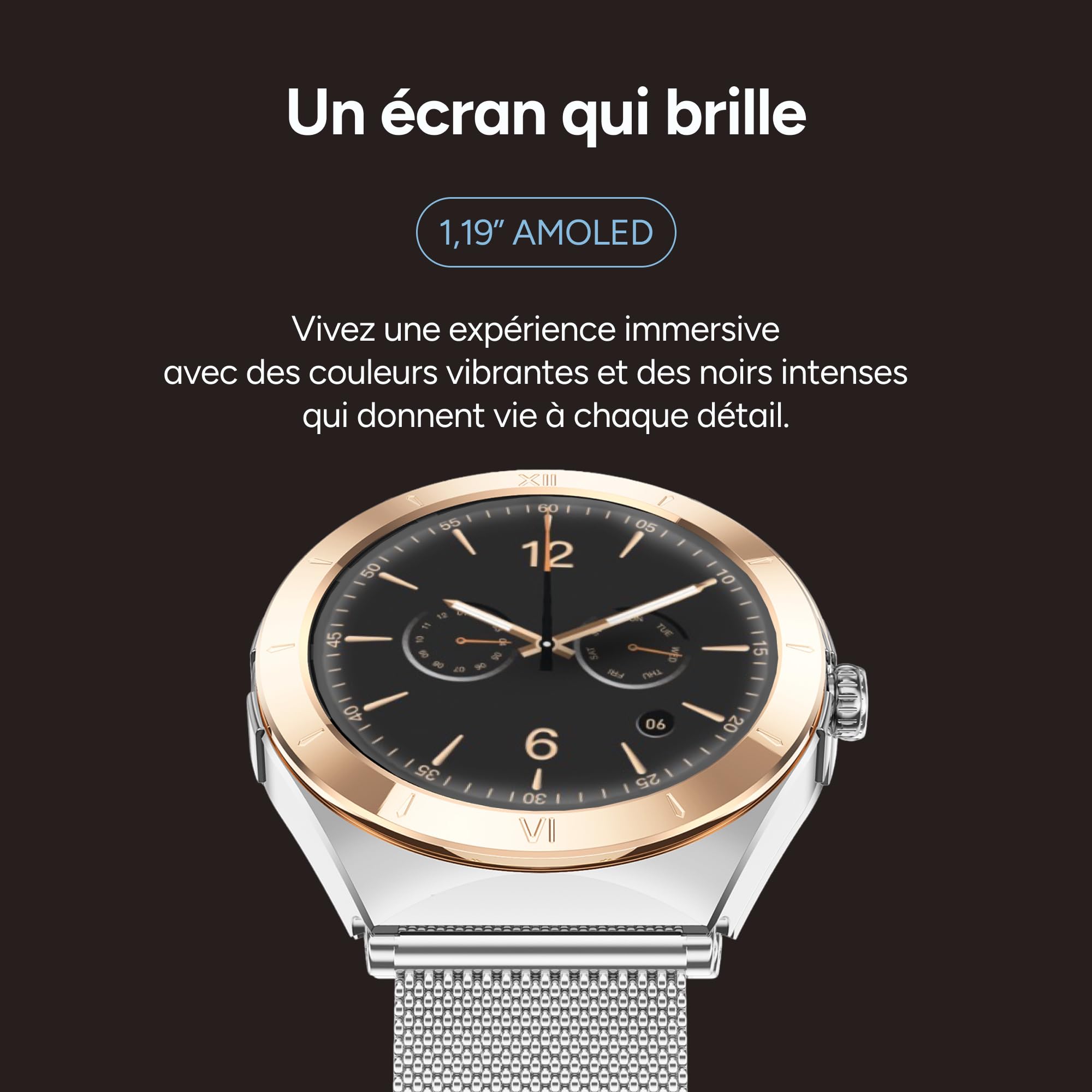 KSIX Montre connectée LYA Go pour Femme, écran AMOLED 1,19", autonomie de 5 Jours, Modes Sport et santé, Notifications, appels, Assistant Vocal, 2 Bracelets en métal et Silicone (Argent et Beige).