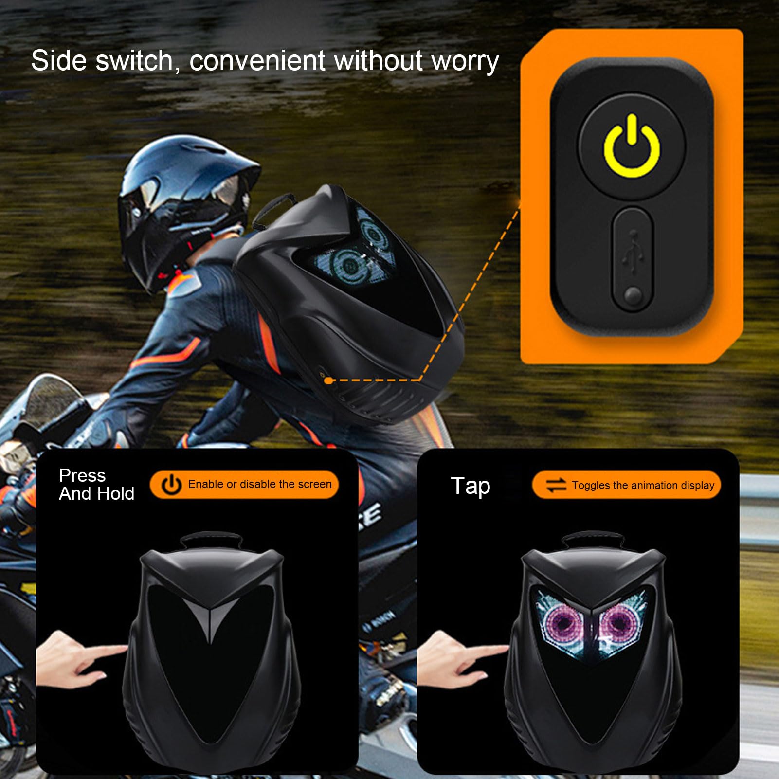 Fafeicy Plecak Motocyklowy Programowalny Plecak LED Twarde Etui Wodoodporna Torba Rowerowa o Dużej Pojemności na Laptopa z Ekranem 56x40 Pikseli