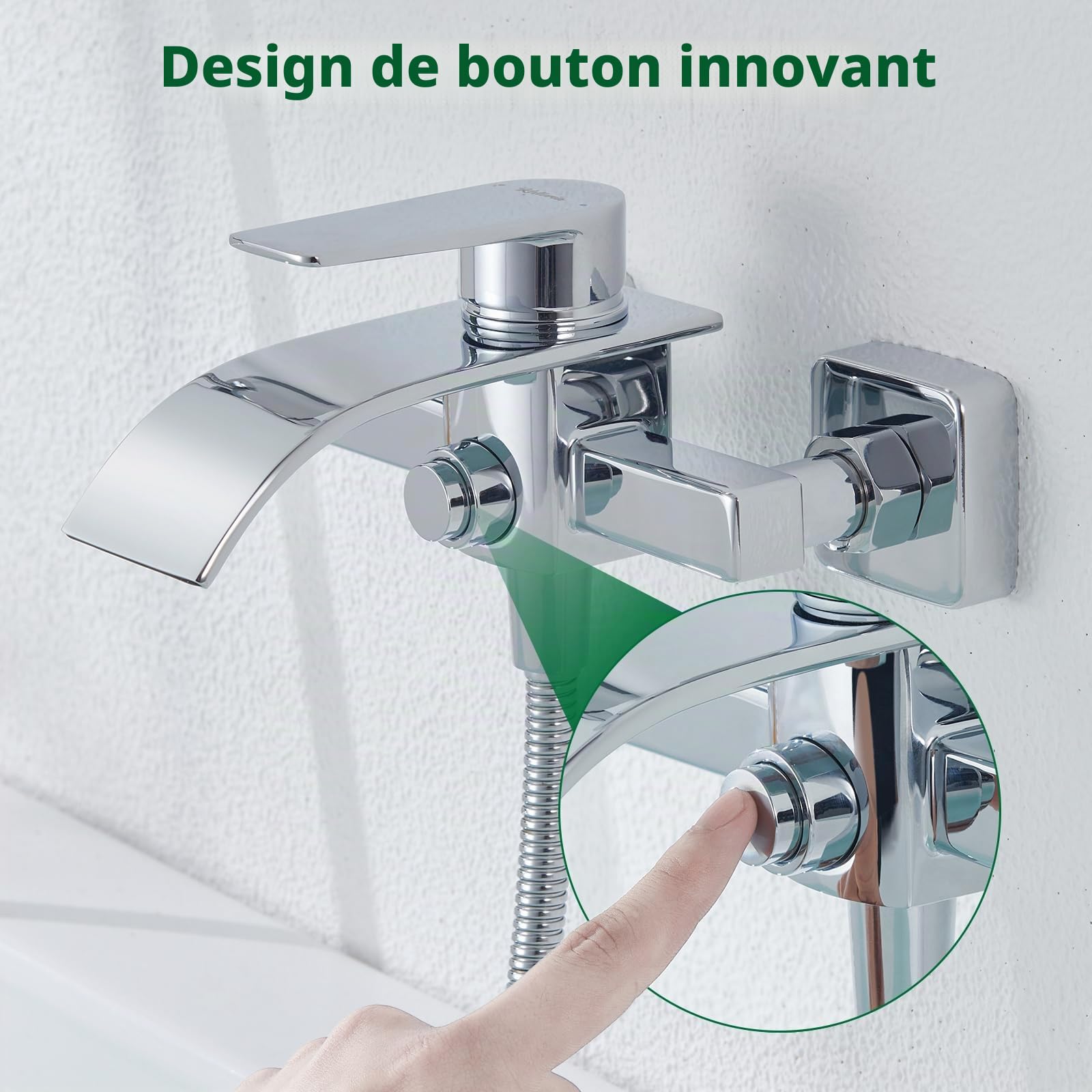 Robinet Baignoire Douche - Design Cascade, Mitigeur Monocommande en Laiton avec Commutateur de Pression pour Baignoire et Douche, Mitigeur Baignoire Montage Facile, Accessoires Inclus, Chromé