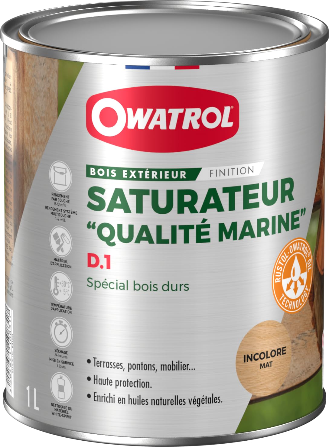 OWATROL – D1 – Saturateur Bois Exotiques à Base de Résines Alkydes et d'Huiles Naturelles Végétales pour Terrasses Mobiliers de Jardin Bateaux Caillebottis Portails – Saturateur Bois Durs – 1 L