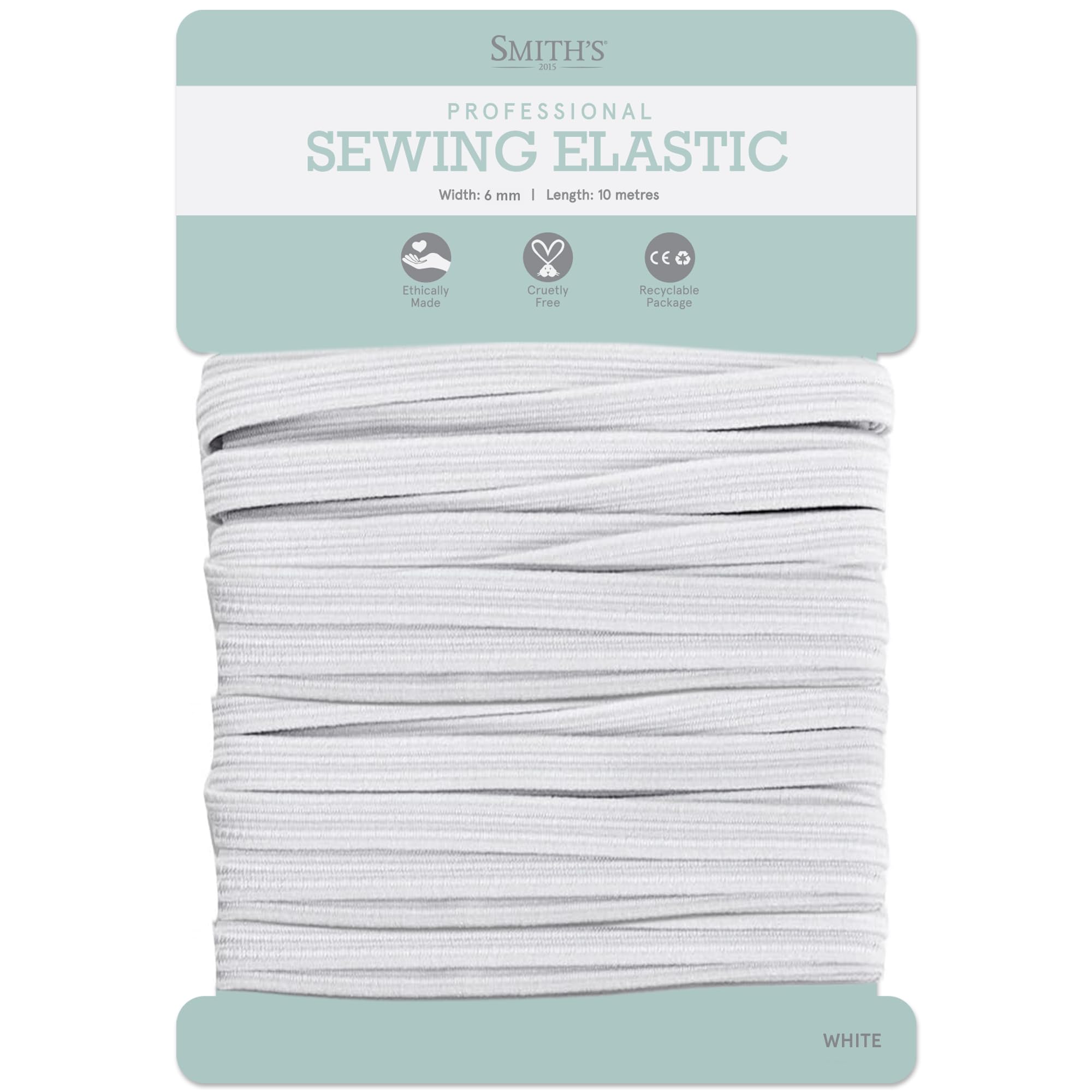 White Elastic Band by Smith’s® | 6mm (1/4 Inch) Width | 10 Metres (11 Yards) Length | Flat Cord | for Sewing, Arts & Crafts, Dressmaking, Waistband, Haberdashery, Wig, DIY, Clothing