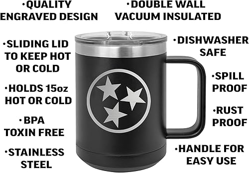 Miniatura 2 de Rogue River Tactical Taza de café negra de acero inoxidable resistente con la bandera del estado de Tennessee con tapa, gran idea de regalo, TN