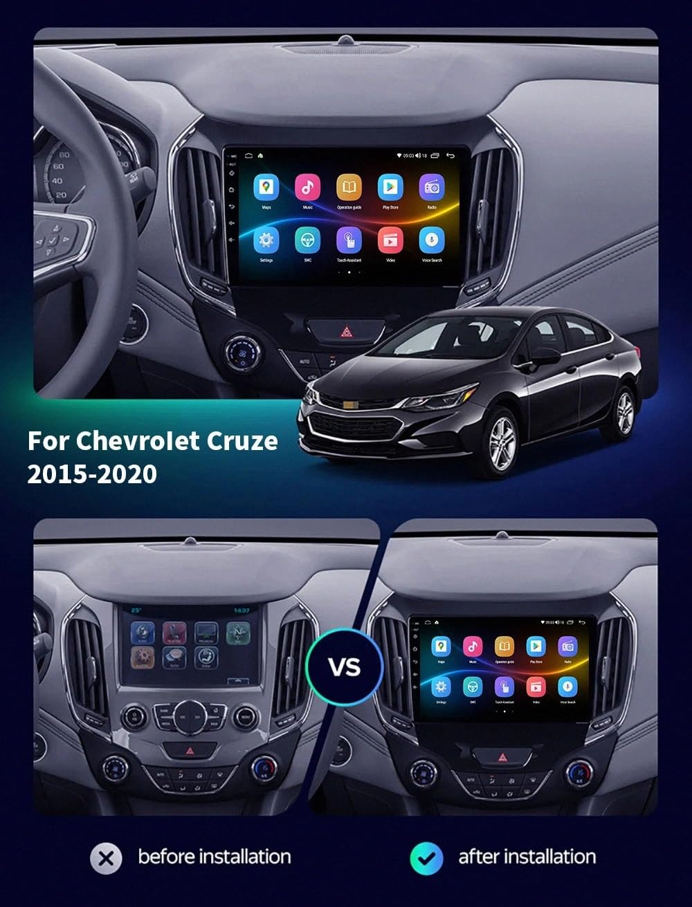 Car Stereo Carplay Radio de Coche para Chevrolet Cruze 2015-2020 Soporta Bluetooth, Control Volante, USB, WiFi, 4G, Mirror-Link, GPS Navegador/Radio FM, 4 Nuclear 4G+64G