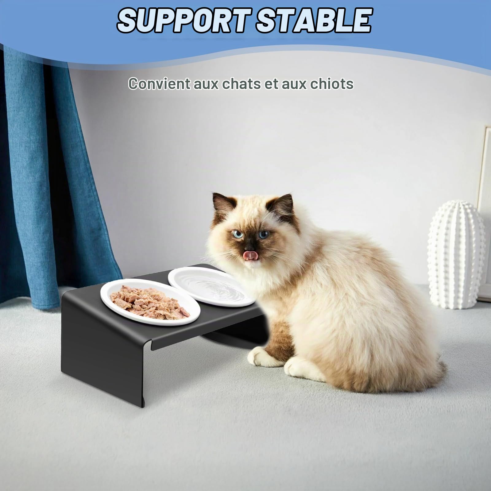 Gamelle Chat Surélevée, Gamelle pour Chien avec Support en Métal Antidérapant Incliné à 15°, 2X Bols Chat Ceramique de Nourriture