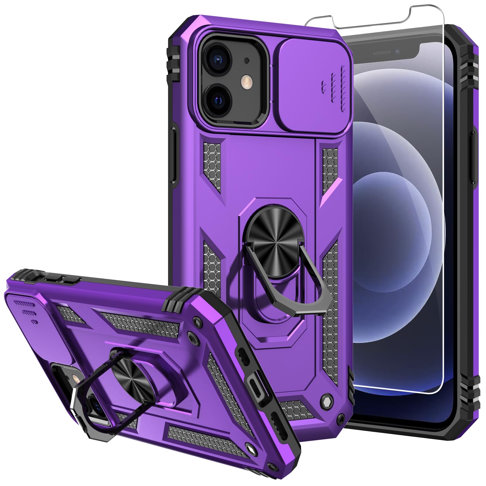 SKTGSLAMY for iPhone 12 Case,with Screen Protector and Camera Cover,[Military Grade] 16ft.Drop Tested Cover with Magnetic Kickstand Protective Case