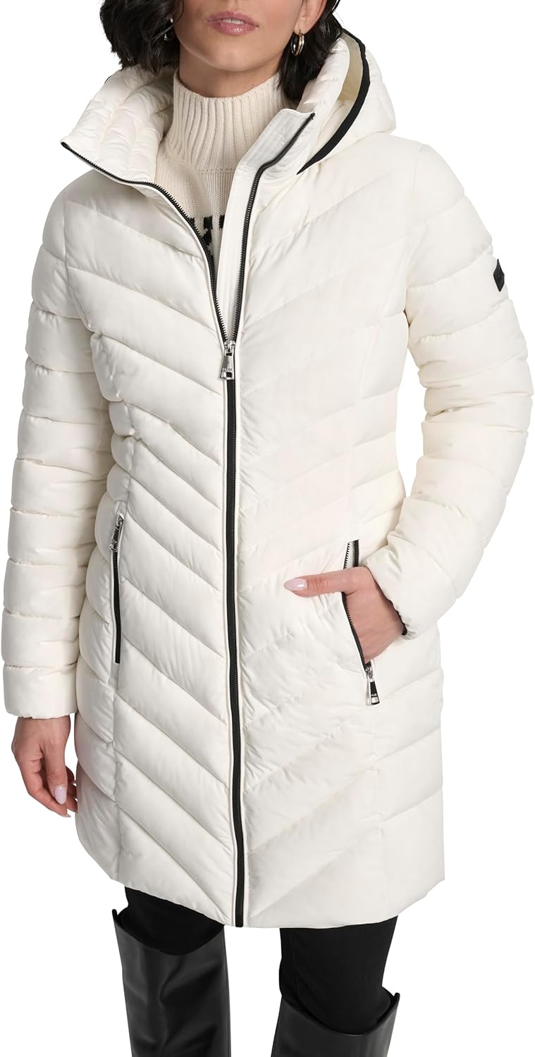 DKNY Women's Long Lightweight Hooded Puffer Jacket – Insulated Casual Outerwear