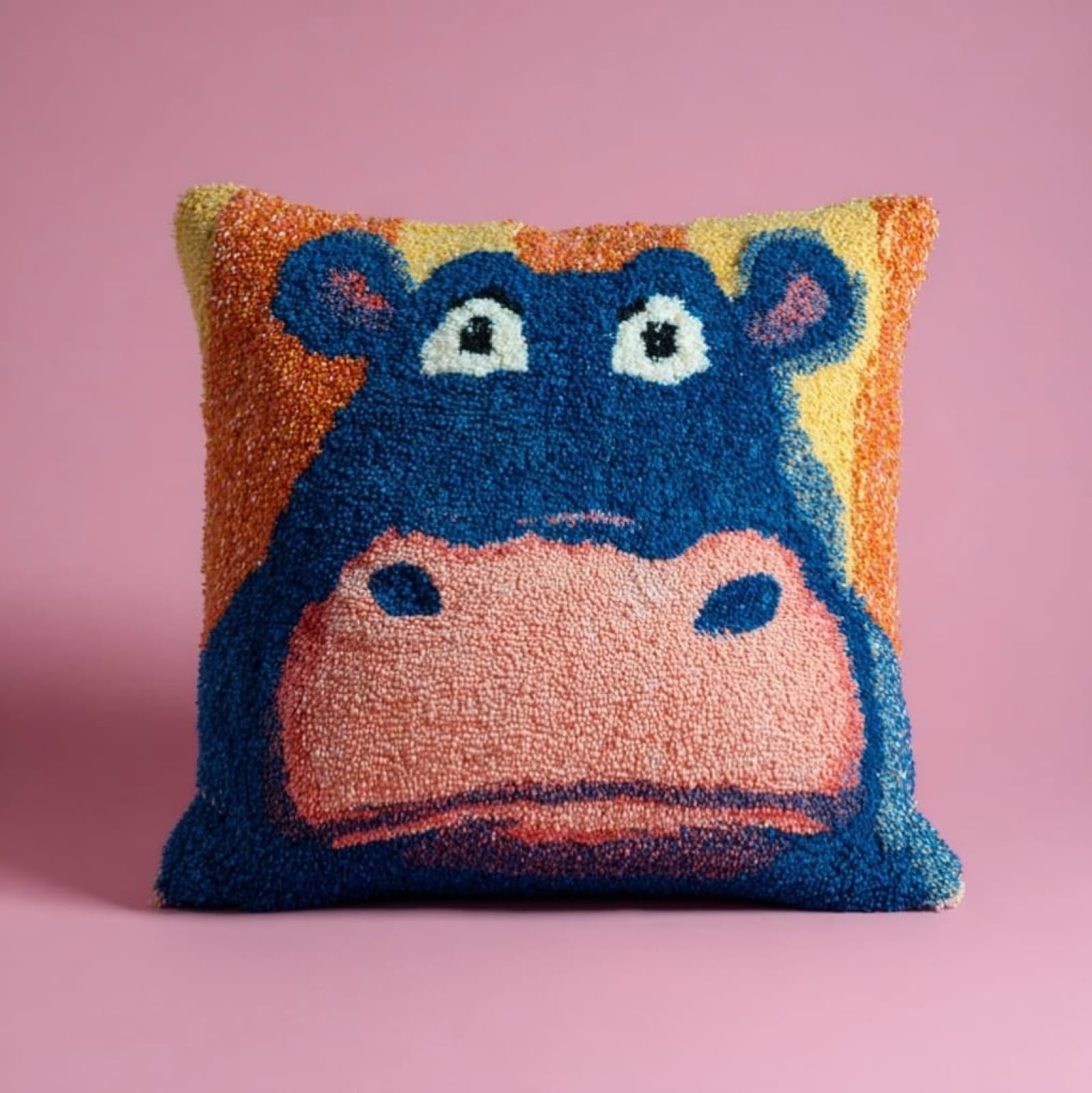 AxiangziK Latch Hook Pillow Kits for Beginners,Animal Hippo 43x43cm DIY Crochet Cushion Creative Craft,Ideal for Home Decor and Fun Crafting