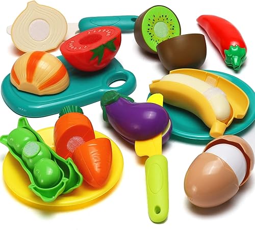 Miniatura 5 de 70 piezas de juguetes de cocina para niños, accesorios de frutas y verduras con cesta de almacenamiento de compras, mini platos y cuchillo de