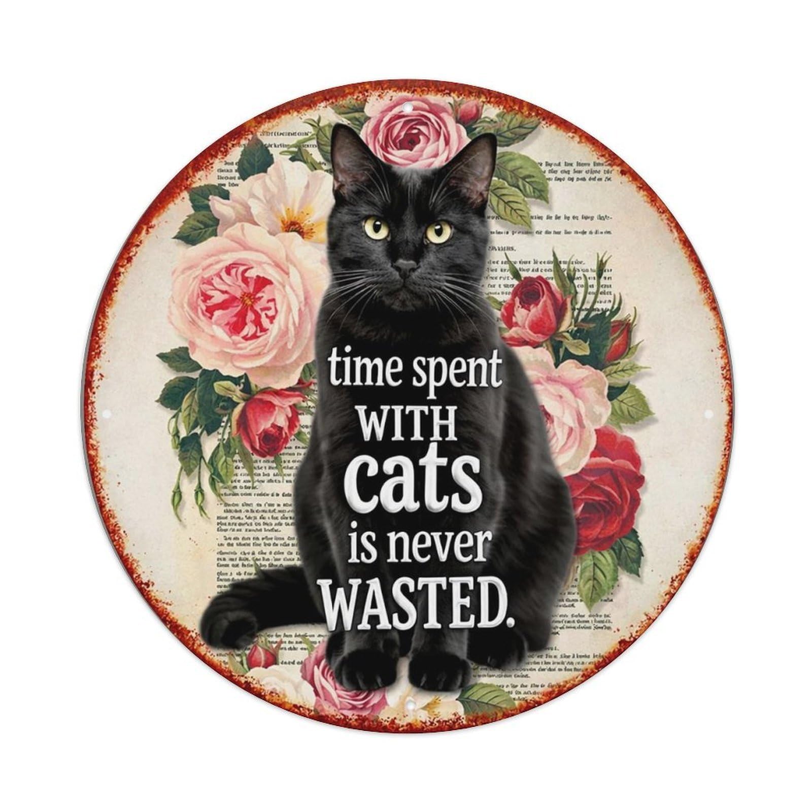 Black Cat Floral Text Background Metal Tin Sign Plaque