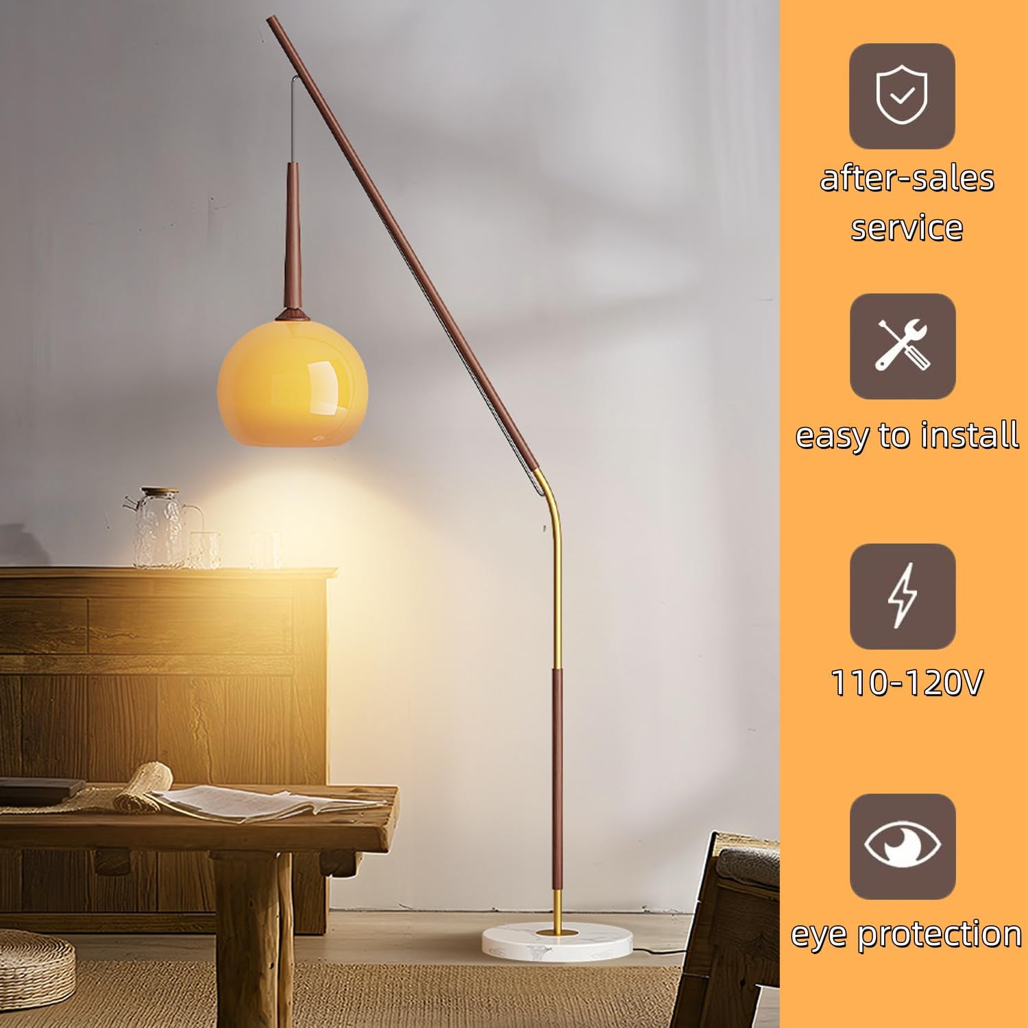 MIXL-Modern Orange Floor Lamp,1-Lights Floor Light with Glass Lampshade,Arc Reading Floor Lamps with Foot Switch,Farmhouse Glass Standing Lamp for Living Room Bedroom Office Corner