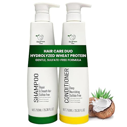 Miniatura 1 de Champú y acondicionador, cuidado del cabello sin sulfato con proteína de trigo hidrolizada, extracto de fruta de coco, vitamina E y colágeno, dúo