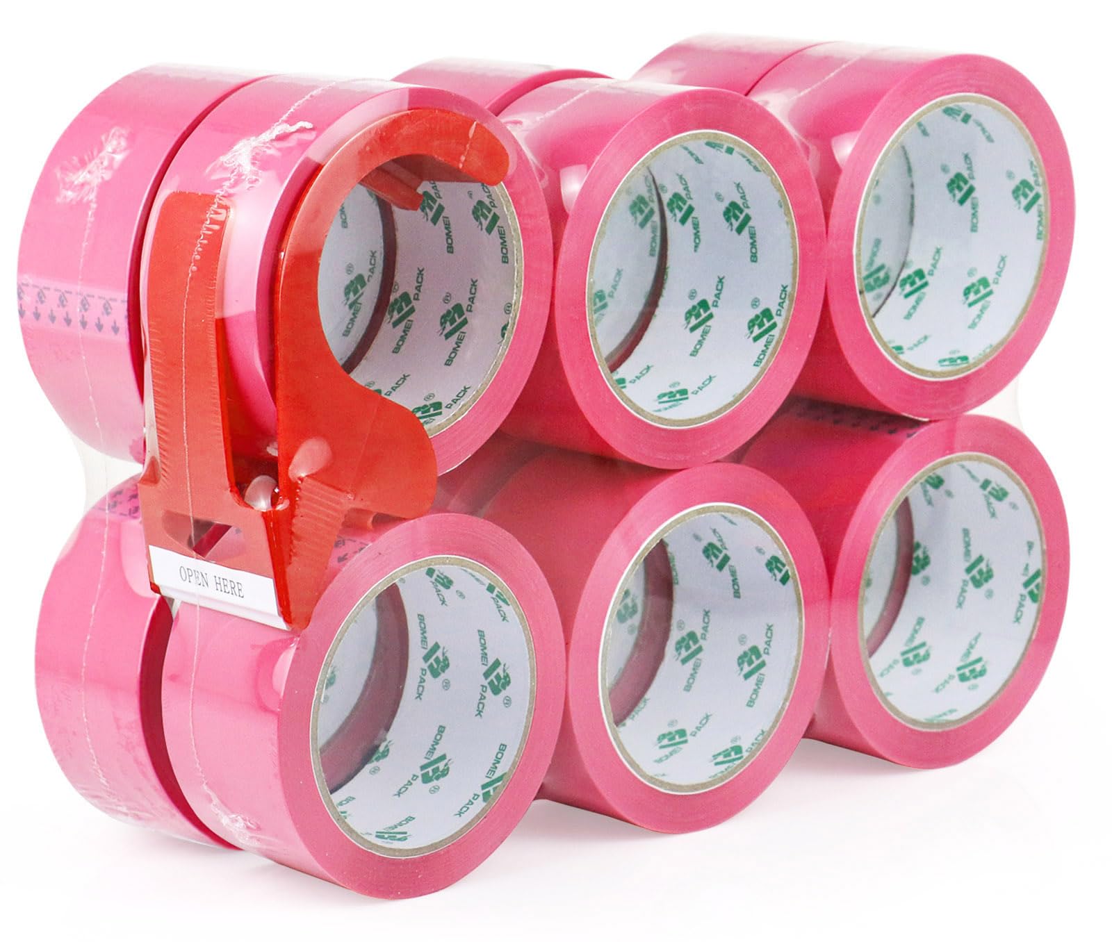 BOMEI PACK Nastro da imballaggio rosa con dispenser, 2,4 mm, 4,7 cm x 60 m, 12 rotoli di ricambio per scatole di colore rosa, nastro per imballaggio, spedizione, spedizione e stoccaggio