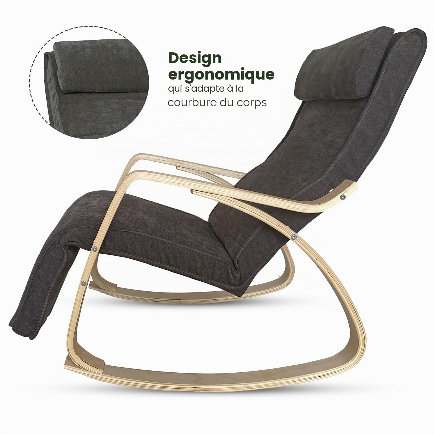 WeHome Swing Amor Fauteuil à Bascule avec accoudoirs en Bois, Rocking Chair, Fauteuil à Bascule avec Repose-Pieds réglable, Fauteuil Salon, Chaise de Chambre à Coucher (Tissu, Gris foncé)
