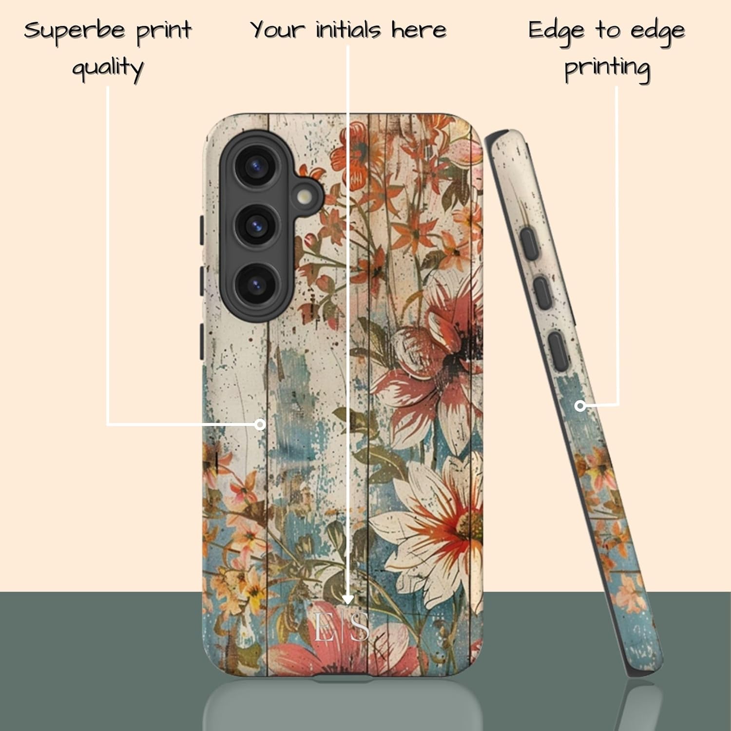 Custom Initials Boho Chic Vintage Floral Phone Case, Nature Inspired Personalized Monogram Flower Gift Case for Her, Compatible with Samsung Galaxy S26 Ultra, S25 Plus, S24, S23, S22, S21, S20