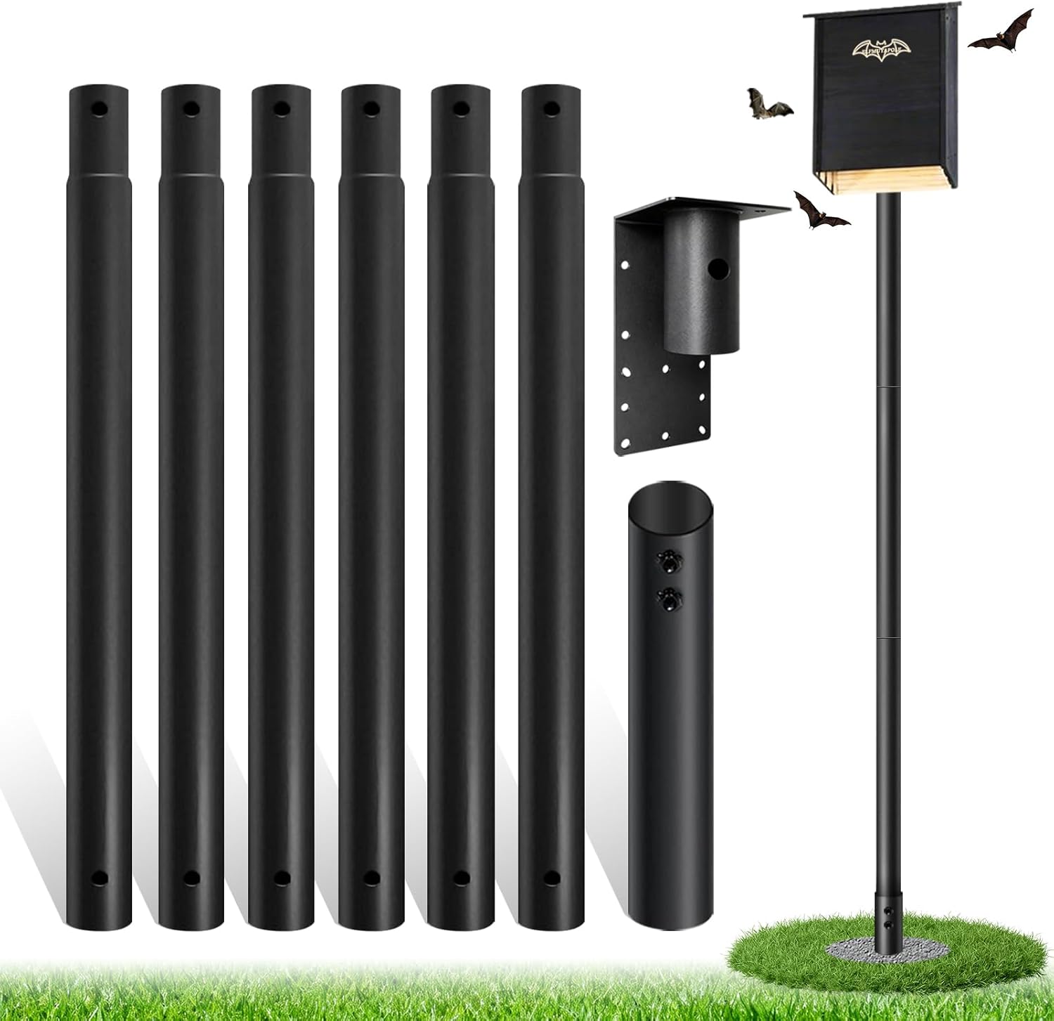 15ft Bat House Pole, 1.9in Diameter Heavy-Duty Galvanized Steel Outdoor Purple Martin Bird House Pole with Ground Socket, Including Bat House Installation Bracket, Black