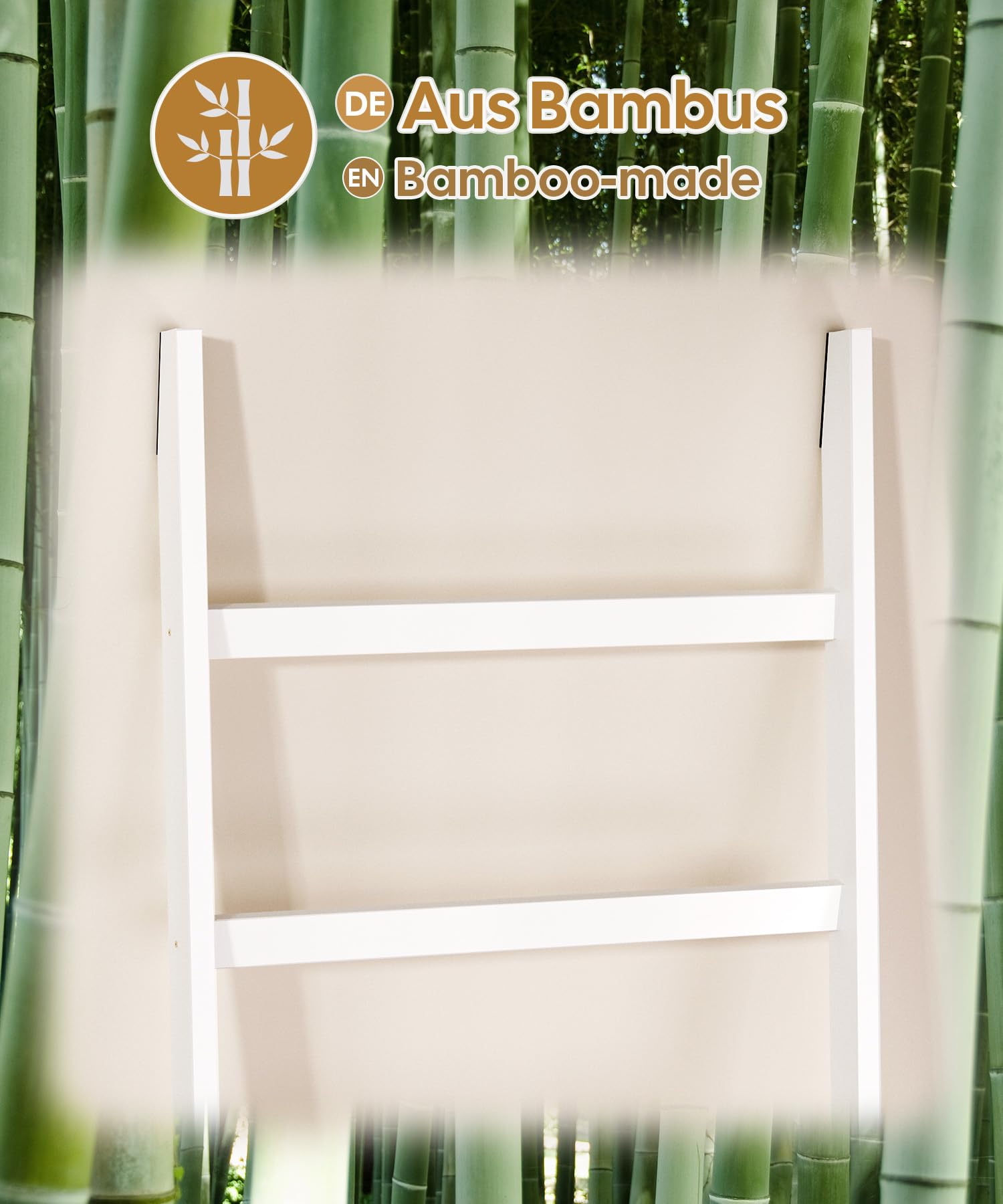 Yorbay Scala Portasciugamani in Bambù a 6 Pioli: Scala Porta Abiti con 2 Cinghie di Sicurezza e 5 Ganci - Portasciugamani Decorativa per Bagno Camera da Letto Piscina HxB 170 x 60 cm (Bianco)