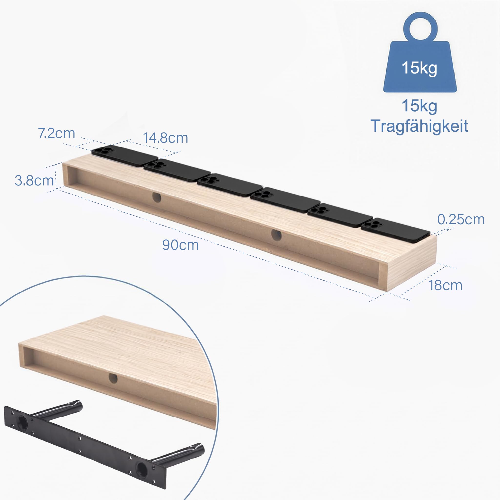 Wandregal Eiche 90 cm, 2er Set Schweberegal mit unsichtbarer Halterung, modernes Wandboard für Bücher, Bilder & Deko, Hängeregal für Wohnzimmer Küche Bad Kinderzimmer