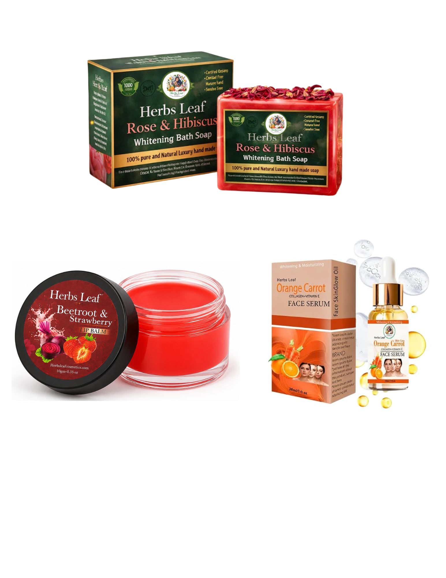 Women's Beauty Combo Pack | Rose & Hibiscus Soap + Vitamin C Face Serum 30ml + Lip Balm | Complete Skin Care & Lip Care Kit | Pack of 3-image-0