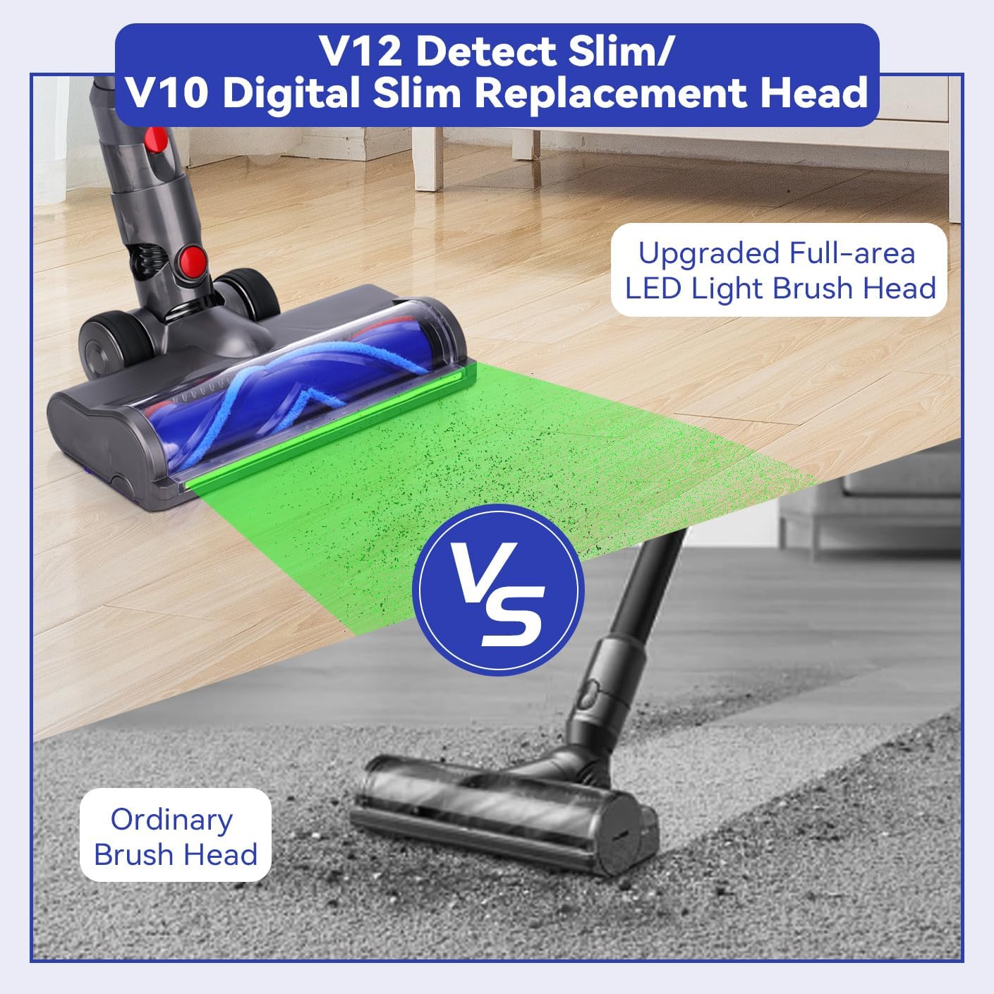 Upgrade Head Replacement Parts for Dyson V12/V10 Slim Vaccum Cleaner, Cleaner Head with Full-Area Green LED Lights, Direct Drive Cordless Vacuum Head Attachments, Quick-Release Design