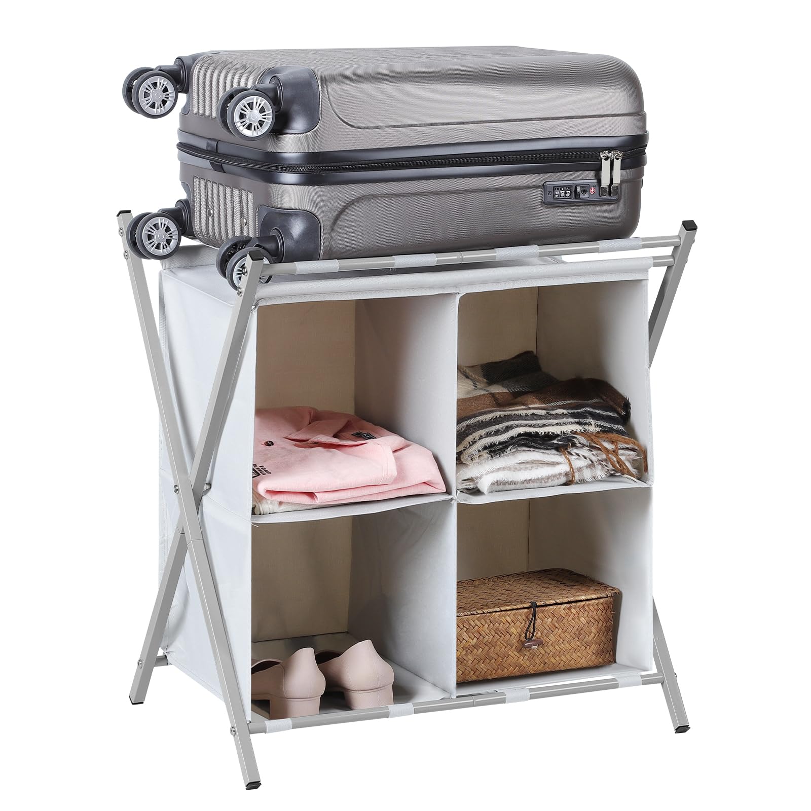 Nandae Porte-valises Pliable avec 4 Compartiments - Rangement pour Valises, Chaussures et Vêtements en Métal et Nylon, pour Chambre et Dressing, Gain de Place