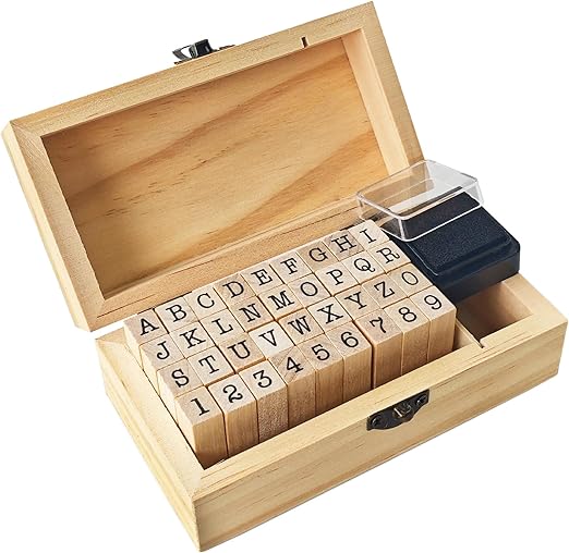 36 Pcs Wooden Rubber Number Alphabet Stamps,Rubber Vintage Letter Stamps Kit,Stamper Seal Set with Wooden Box for Crafting,Scrapbooking,Journaling,Card Making
