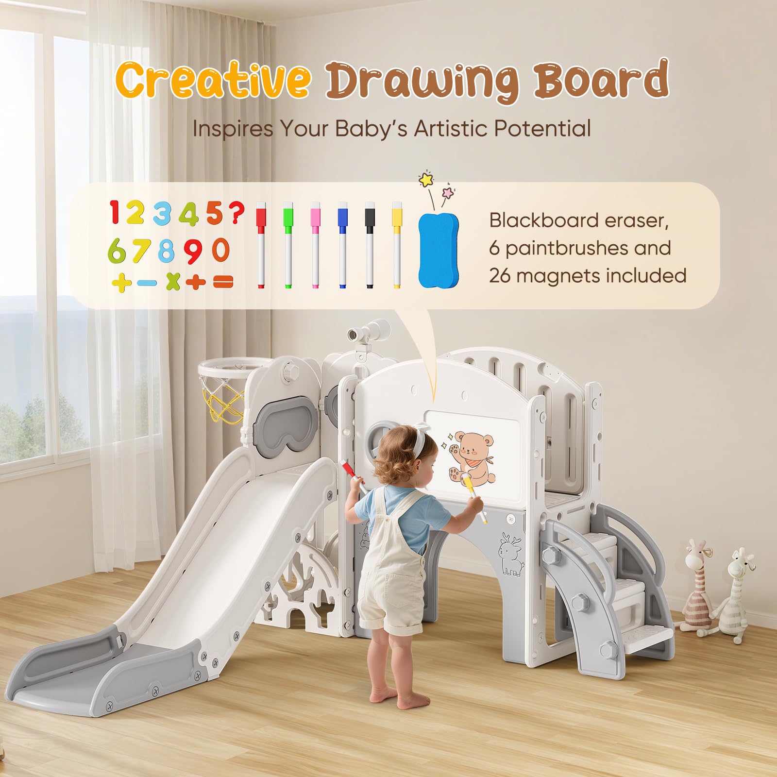 Scivolo per bambini, scivolo per bambini piccoli indipendente con canestro da basket, attrezzatura per parco giochi con scivolo, scivoli all'aperto (Beige Grigio-8 in 1)