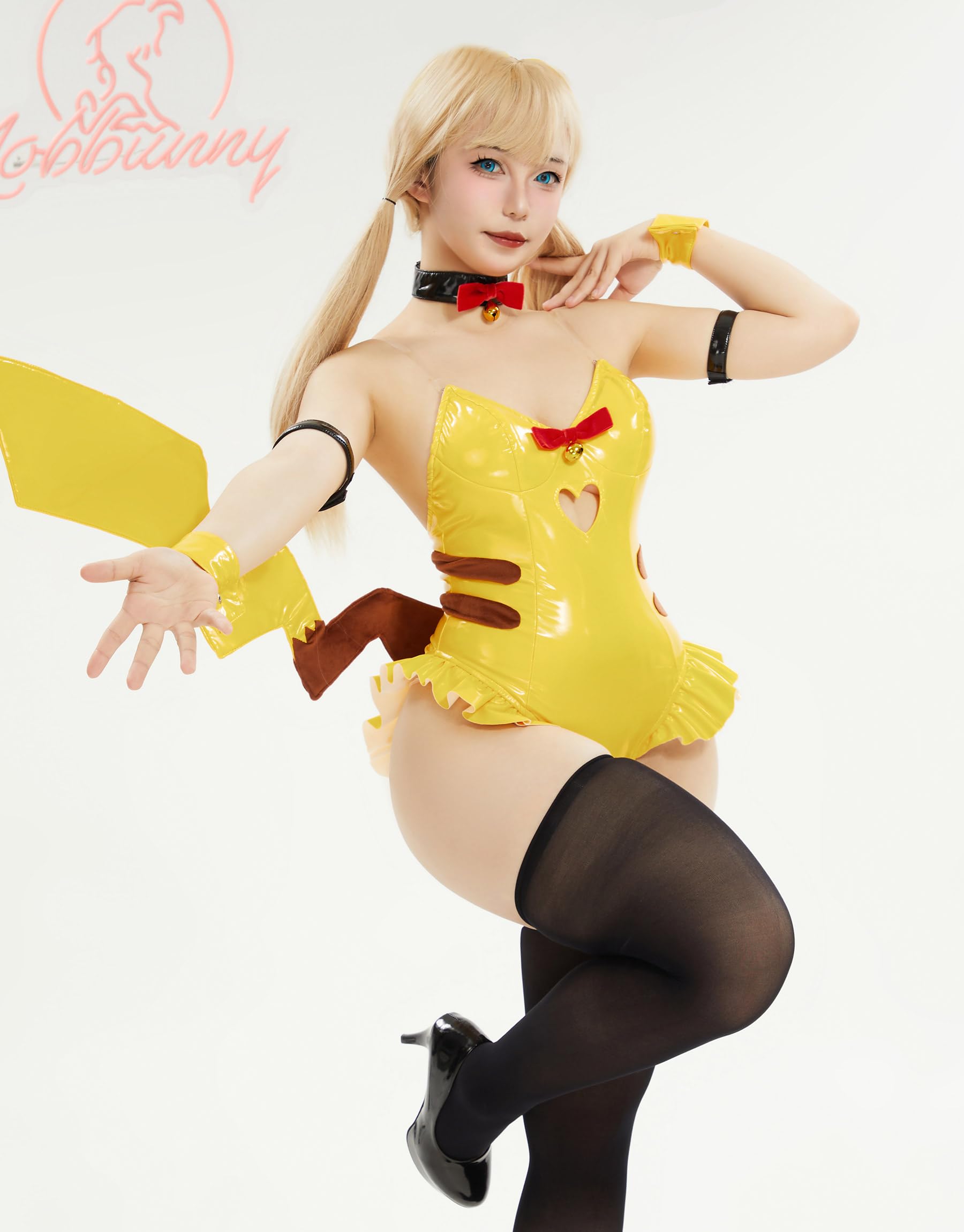 Mobbunny Women's Anime Bunny Cosplay Costume Bunny Girl Yellow Bodysuit and Headband with Tail Stockings