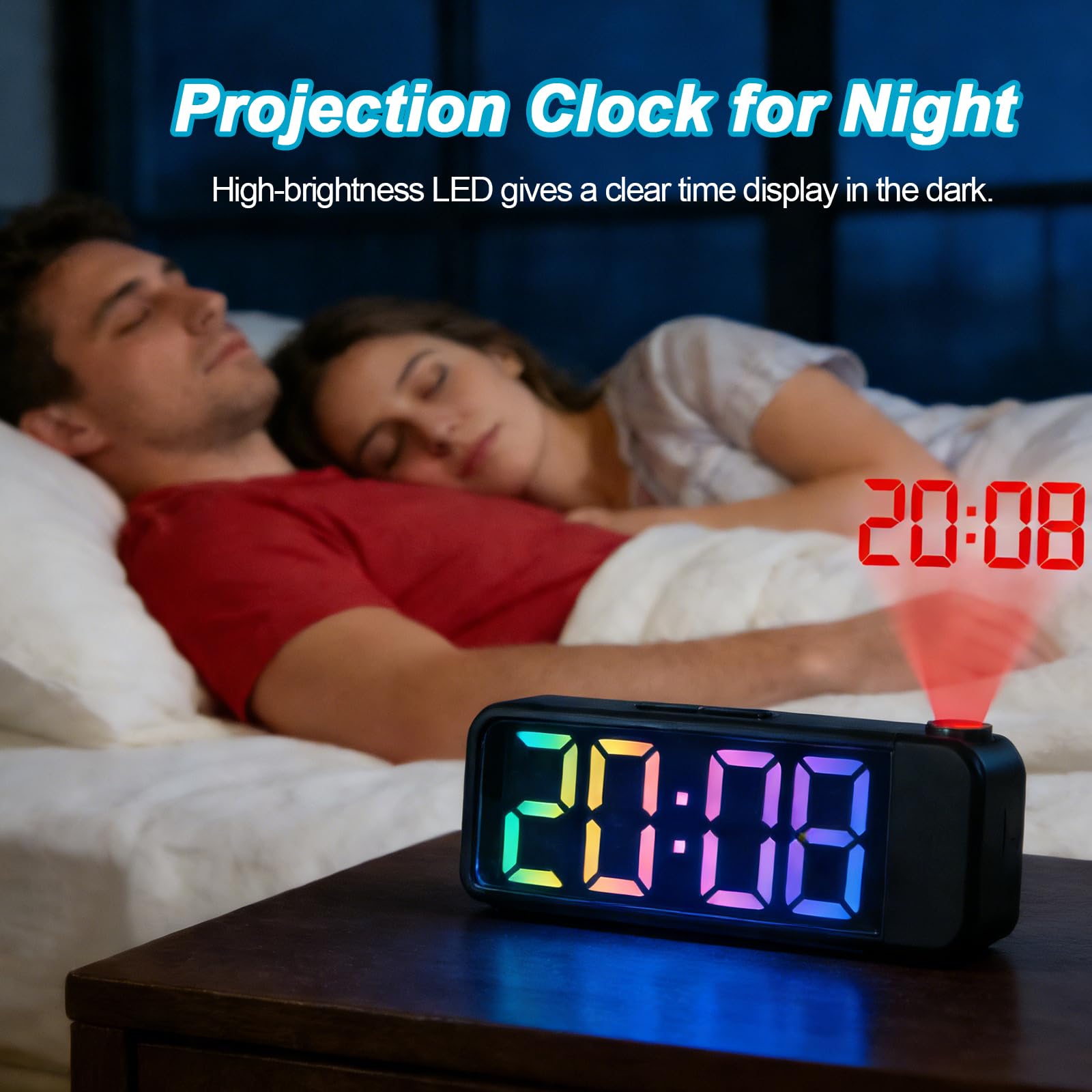 Reloj Despertador de Proyección Digital 180°, Pantalla LED Grande con Temperatura, 4 Niveles de Brillo, Alimentación por USB, para Dormitorio, Oficina, Niños y Ancianos（Negro）