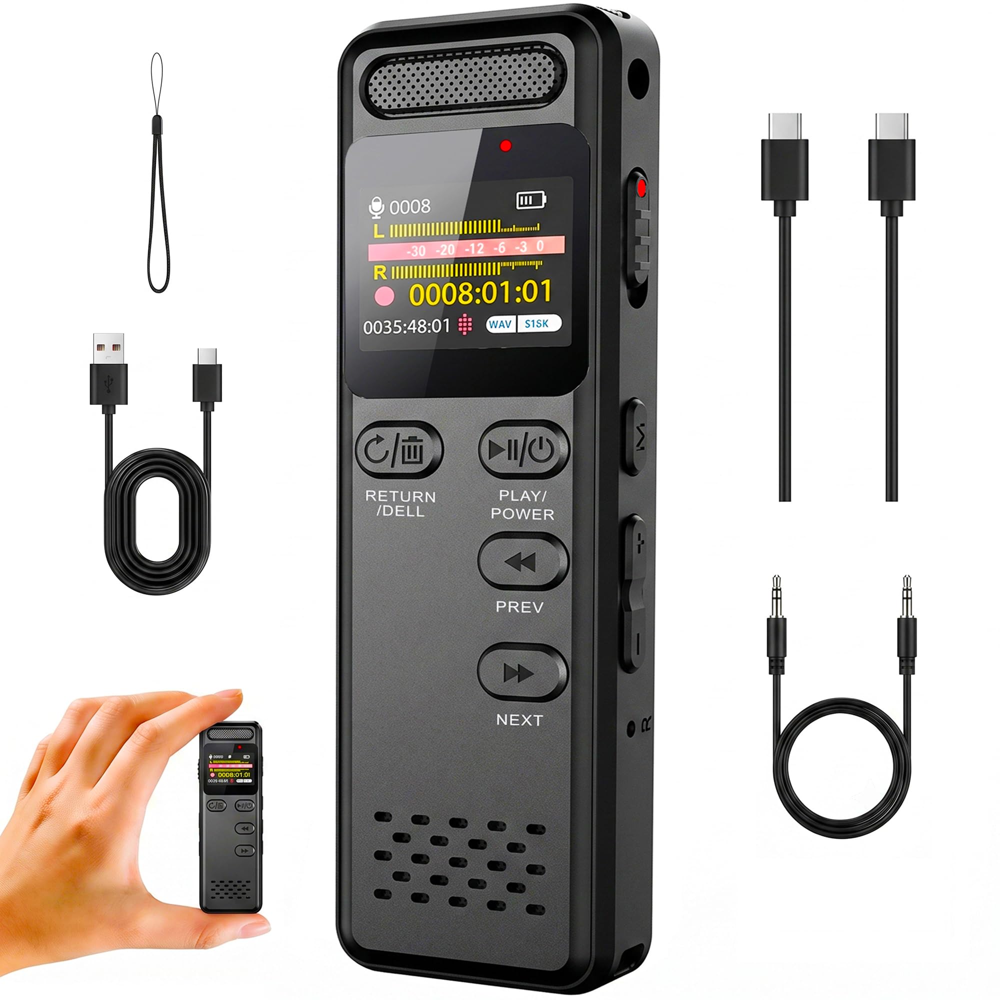 Enregistreur Vocal Numérique,Enregistrement HD (3072kbps) Réduction du Bruit Dictaphone Facile à Utiliser, Lecteur MP3 avec Verrouillage et Charge Type-C pour Conférences Entretiens Réunions (64GB)