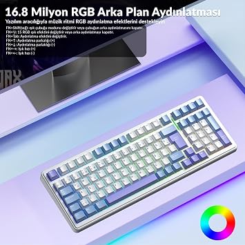 Aula F99 Mechanical RGB GrayWood V4 Switch 3 Modes Wireless Macro Hot Swap Turkish Q Keyboard Blue