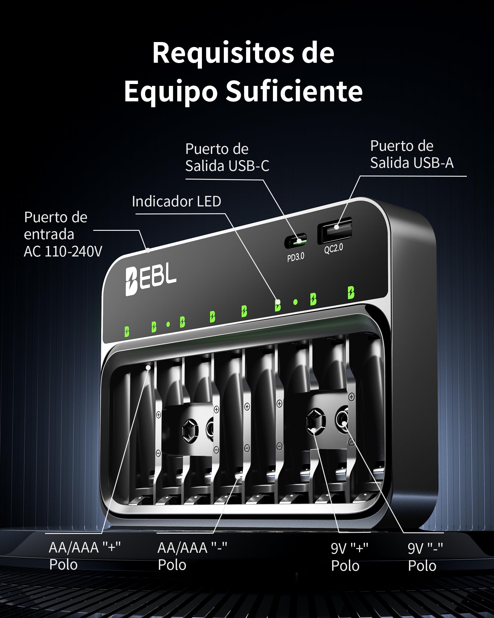 EBL Cargador de Pilas para AA AAA 9V, 8 Ranuras Independientes con Cargador de Batería USB-C PD3.0 & Entrada Micro USB, Cargador Rápido — view 7