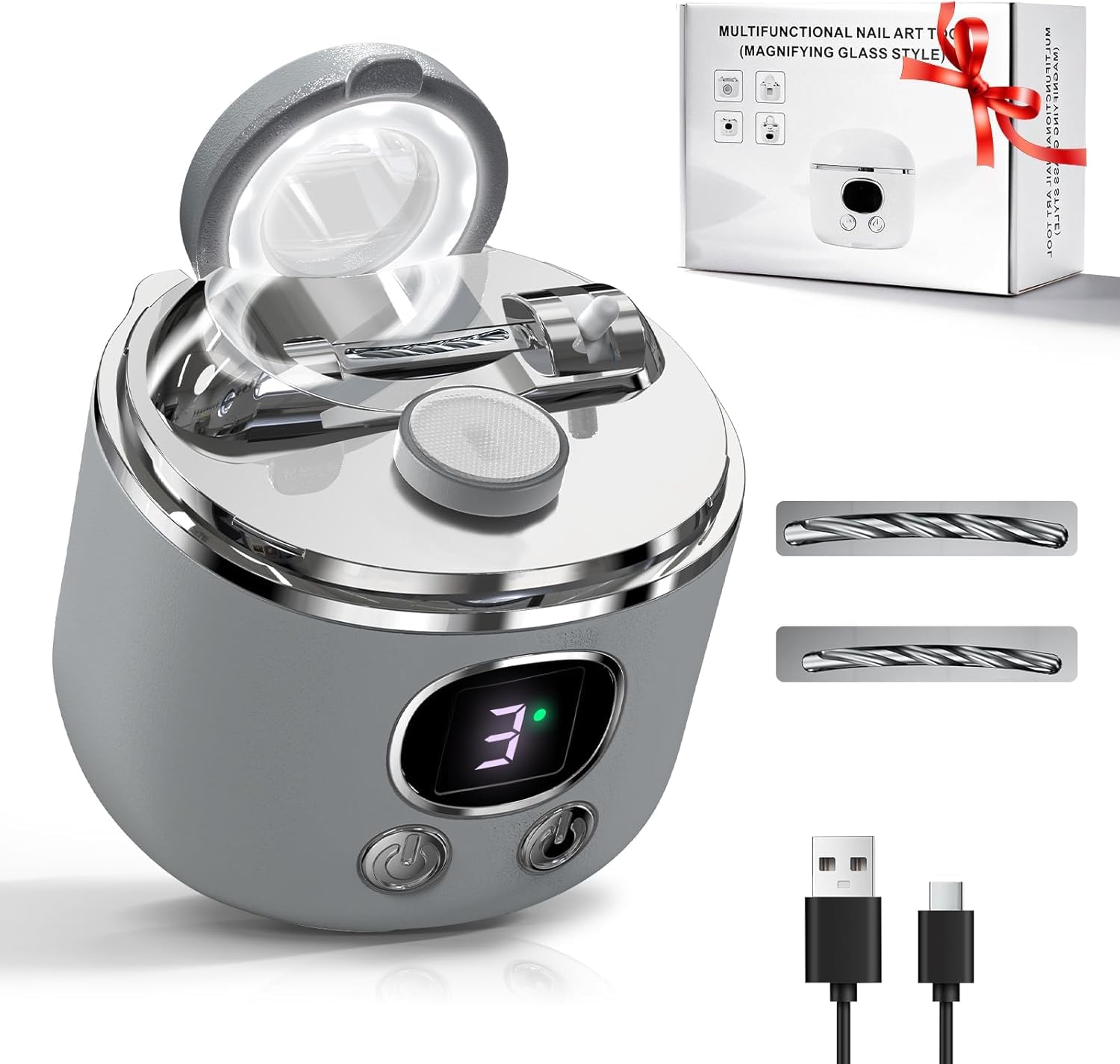 Elektrischer Nagelknipser, 4 in 1 Nagelknipser Elektrisch Mit Led-Licht & Vergrößerungsglas, Doppelklingen für Dünne & Dicke Nägel, 3-Speed, für Senioren & Sehbehinderte-Grau