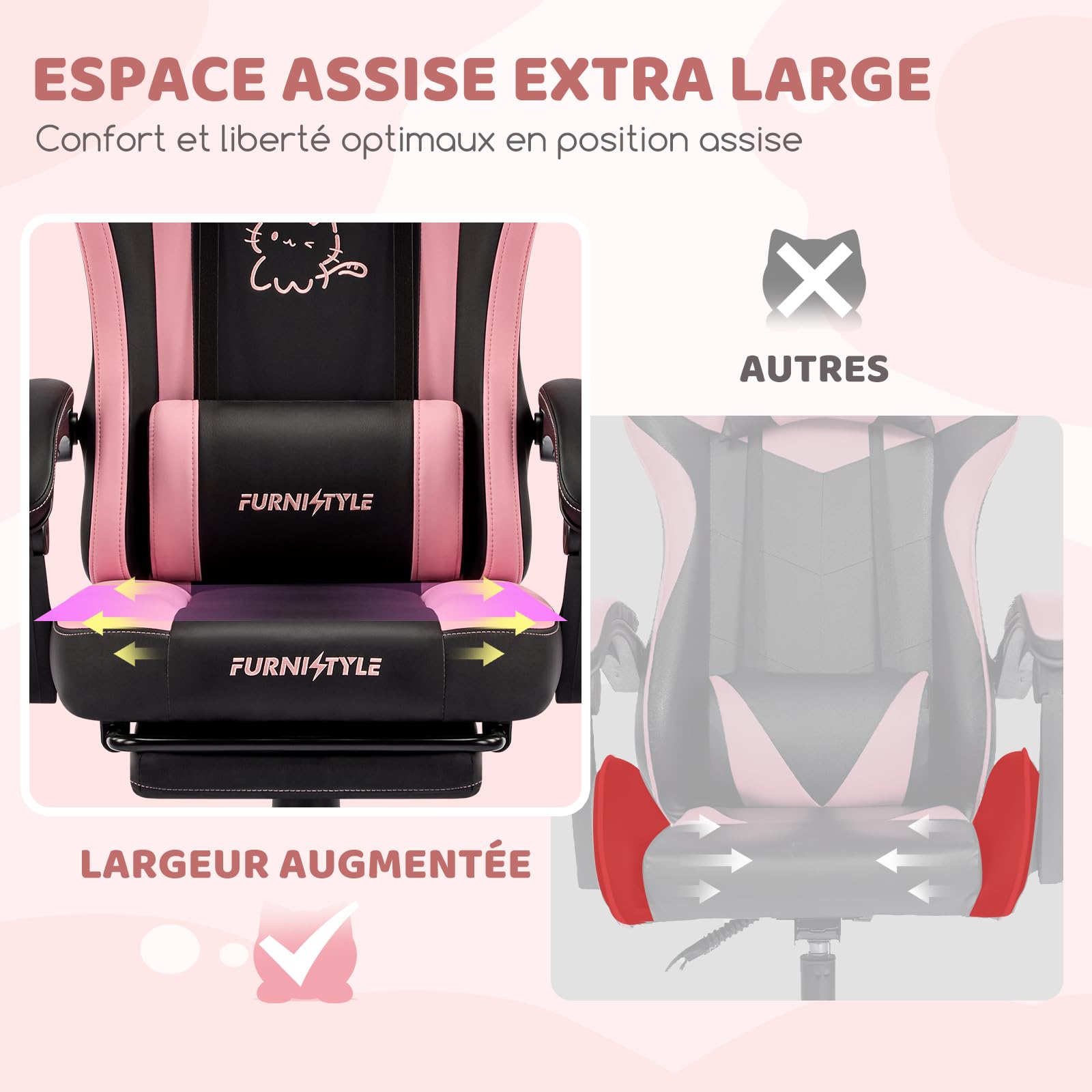 Hellove Chaise Gaming Ergonomique, Fauteuil Gamer avec Repose-Pieds Rétractable, Coussin Lombaire et Oreilles de Chat, pour Filles, Adolescents, Enfants, Cuir PU, Noir et Rose