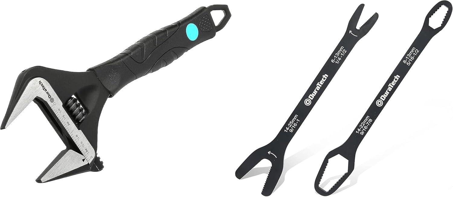 DURATECH 10-Inch Adjustable Wrench, Wide Jaw Opening Black Oxide Finish Plumbing Wrench, Universal Wrench Set, SAE and Metric