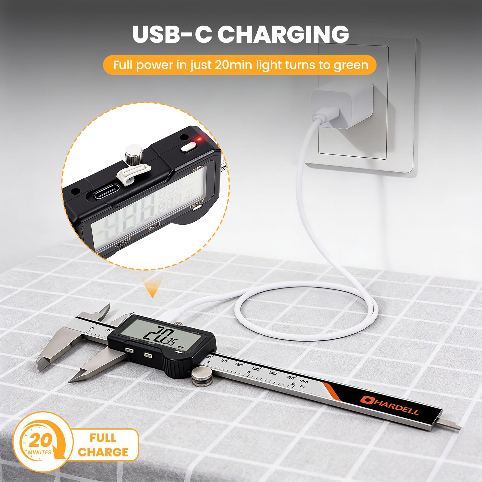 HARDELL Calibrador digital recargable, Pie de Rey Digital de 6 pulgadas con reinicio, herramienta de medición con conversión de mm/pulg/F, apagado automático, micrómetro con pantalla grande