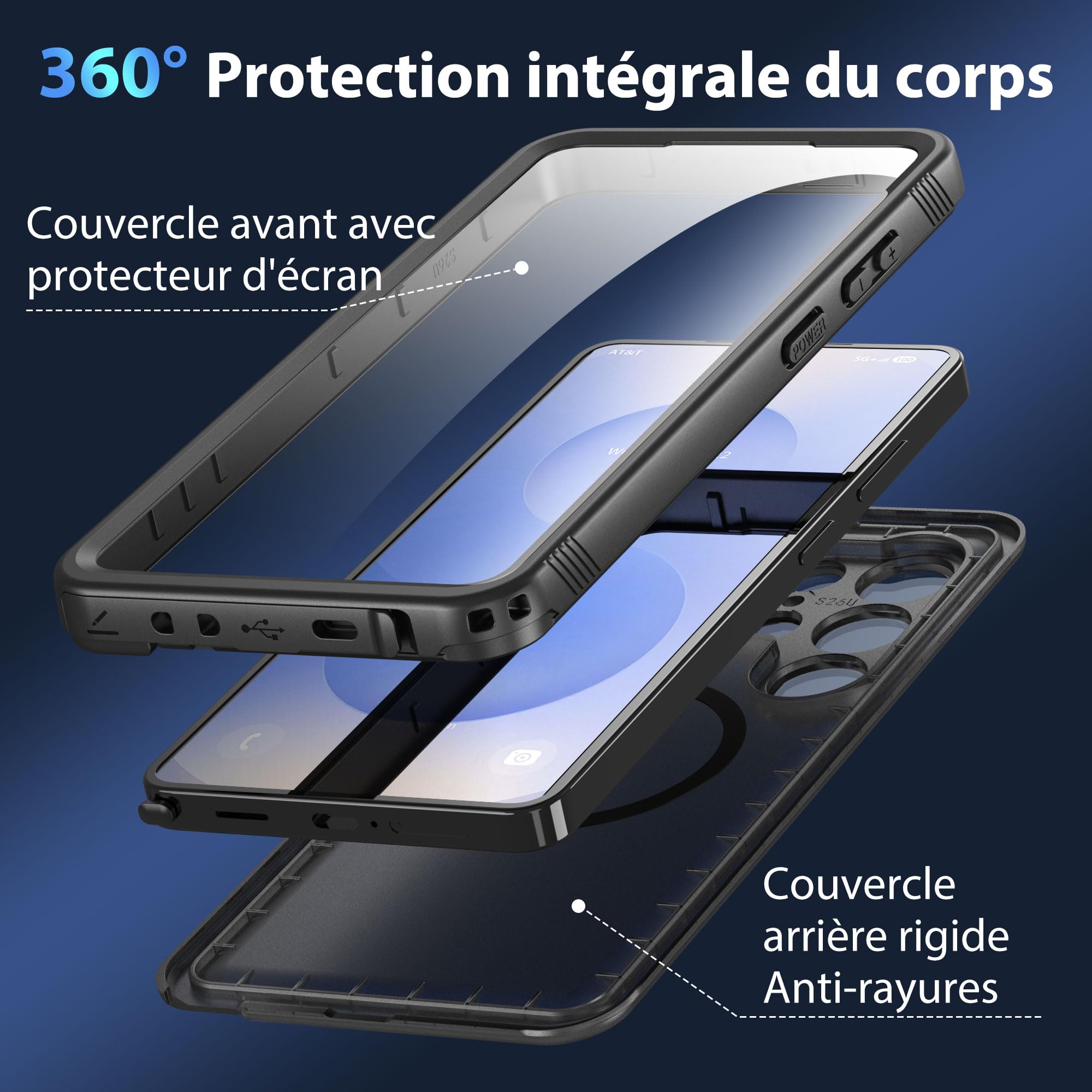 SPORTLINK Coque pour Samsung Galaxy S26 Ultra magnétique Compatible MagSafe, étanche IP68, Protection Antichoc Militaire 360° intégrale, Anti-poussière, écran et caméra intégrés, avec Cordon – Noir