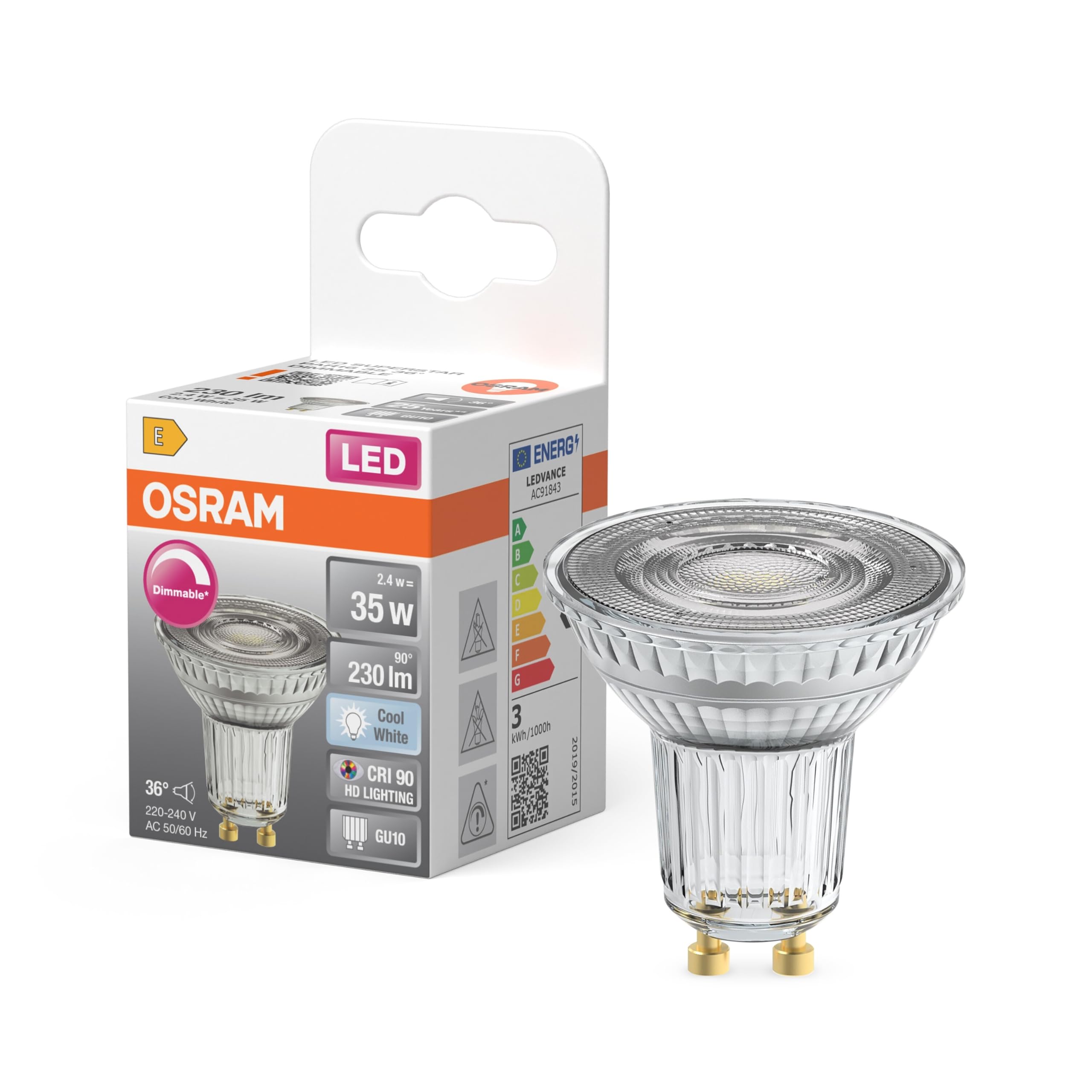 OSRAM Reflector LED Spot Superstar PAR16 35 regulable, blanco neutro 4000 K, 2,4 W, GU10, 36°, 230 lm, 15.000 h, para iluminación puntual y de acento.,6-Pack